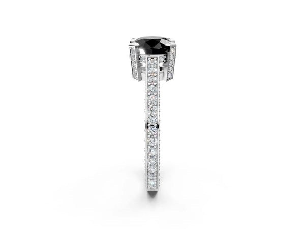 Platinum Fancy Black Round Cut Brilliant Split Shank Pave Solitaire Ring with Four-Prong Setting