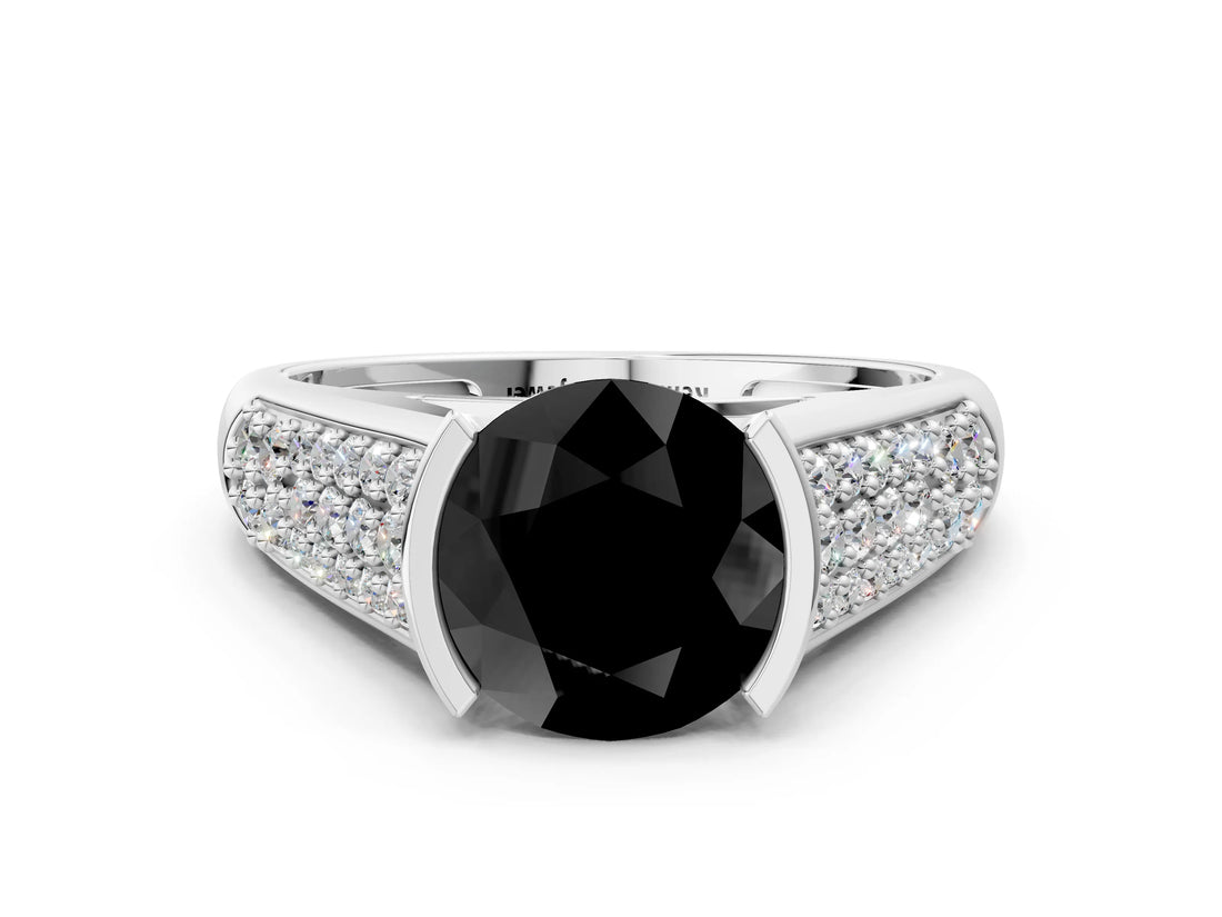 Platinum Fancy Black Round Cut Cut Diamond Channel Set Pave Band with Tension Prong Setting_6