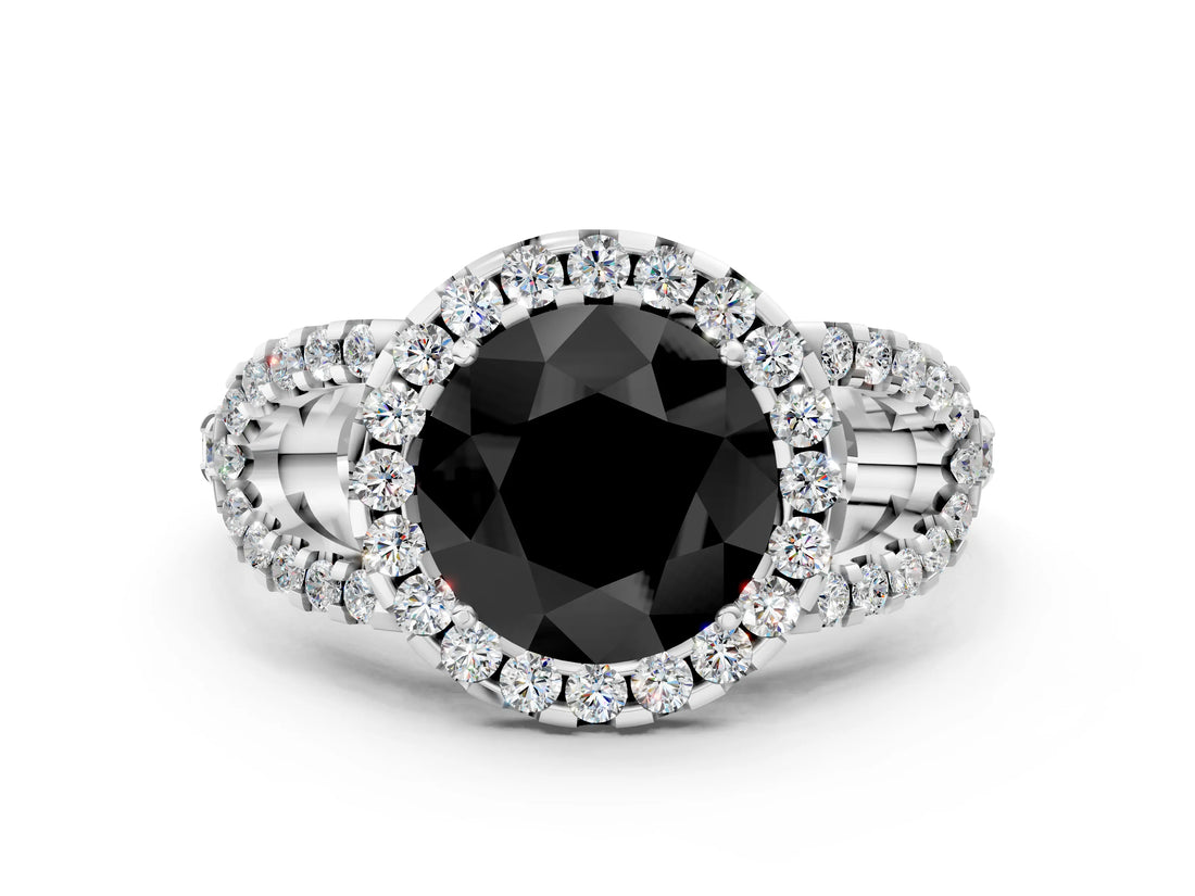 Platinum Fancy Black Round Cut Cut Diamond Halo Engagement Ring with Open Split Pavé Band_12