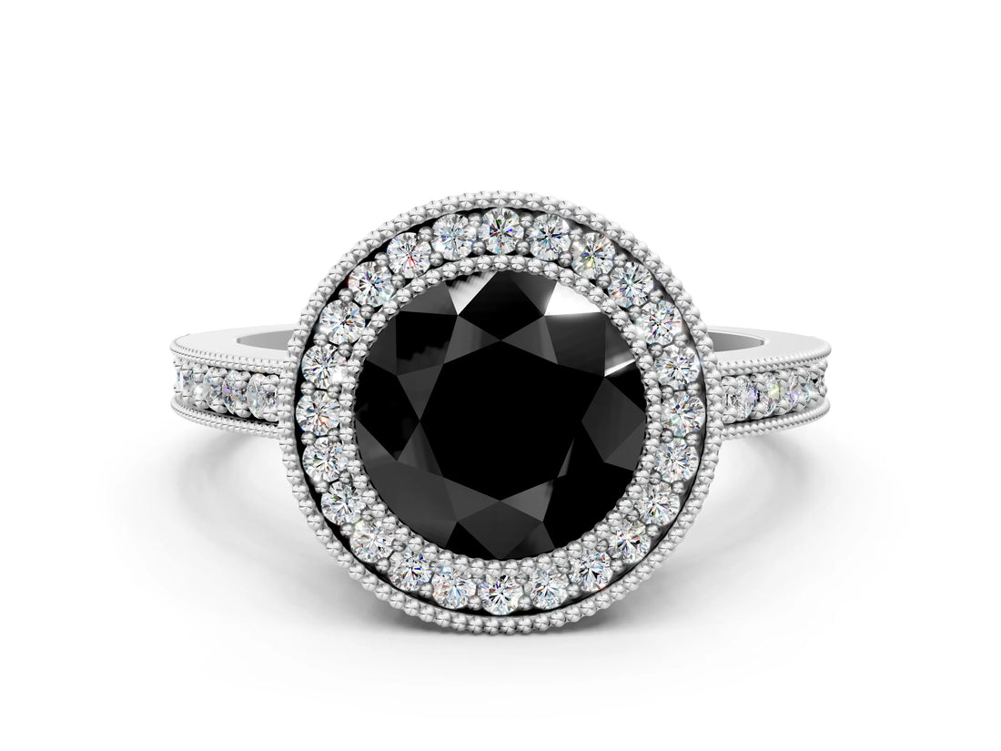 Platinum Fancy Black Round Cut-Cut Diamond Halo Engagement Ring with Pave Band and Prong Setting_12