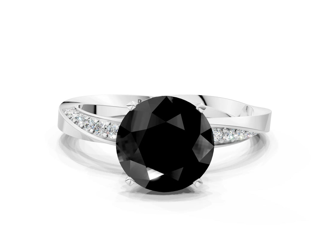 Platinum Fancy Black Round Cut Diamond Engagement Ring with Side Stone Accents and Four-Prong Setting_12