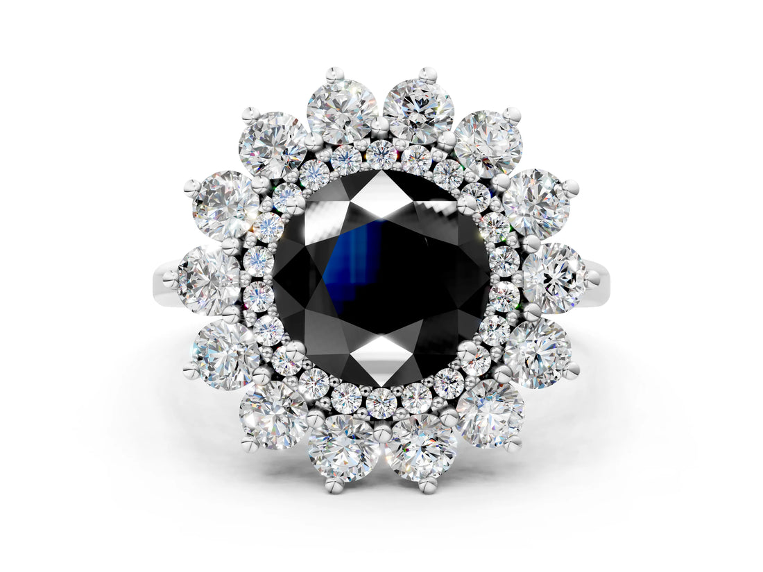 Platinum Fancy Black Round Cut Diamond Floral Double Halo Engagement Ring with Prong Setting_42