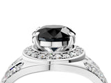 Platinum Fancy Black Round Cut Diamond Halo Ring with Split Shank and Bezel Accents and Four-Prong Setting_10