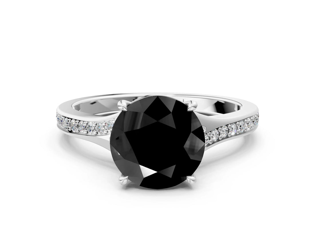 Platinum Fancy Black Round Cut Diamond Solitaire Ring with Pavé Band and Prong Setting_12