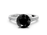 Platinum Fancy Black Round Cut Diamond Solitaire Ring with Pavé Band and Prong Setting_12