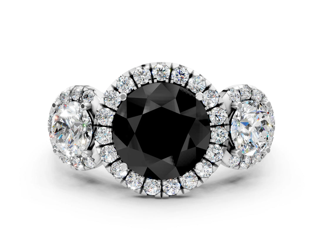 Platinum Fancy Black Round Cut Diamond Three-Stone Halo Ring with Prong Setting and Pavé Accents_12