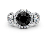 Platinum Fancy Black Round Cut Diamond Three-Stone Halo Ring with Prong Setting and Pavé Accents_12