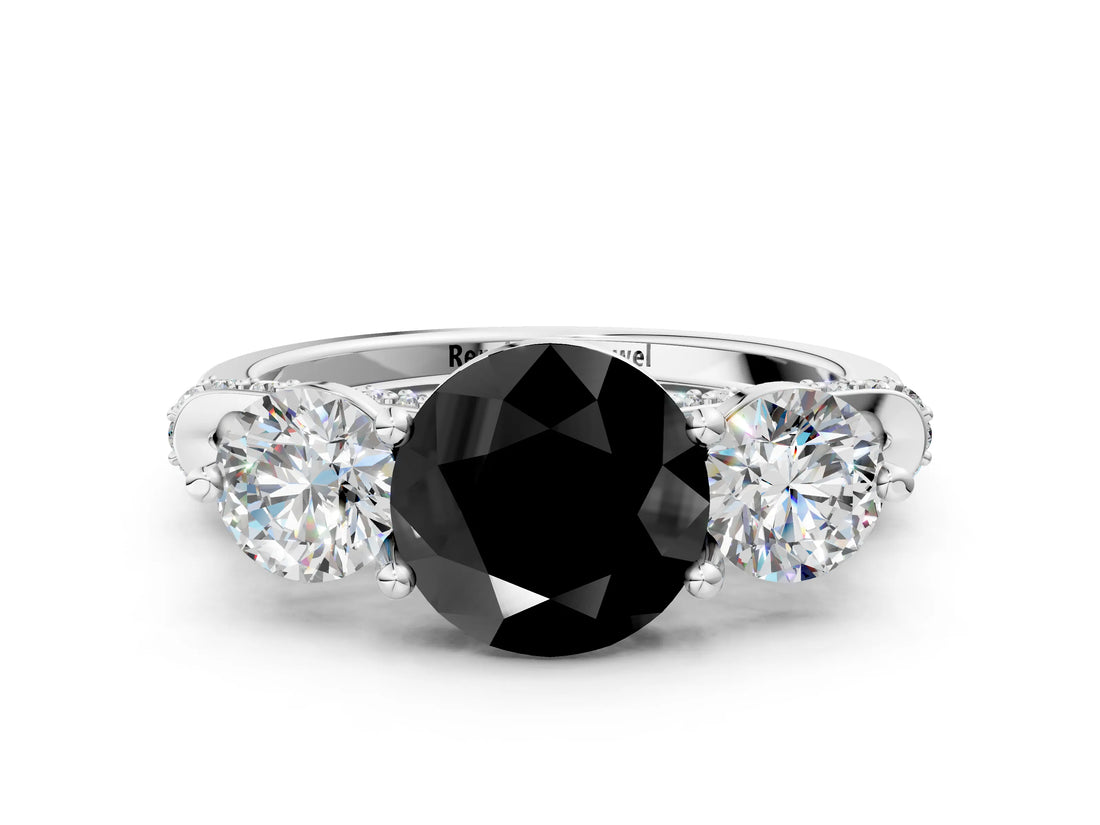 Platinum Fancy Black Round Cut Diamond Three-Stone Ring with Prong Setting and Pavé Band_12