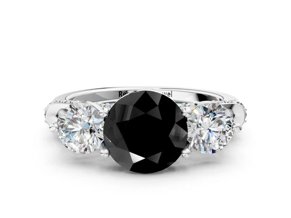 Platinum Round Curved Pave Three Stone Engagement Ring Setting for Black Center