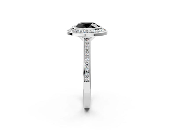 Platinum Fancy Black Round Cut Halo Bezel Diamond Pave Band Ring