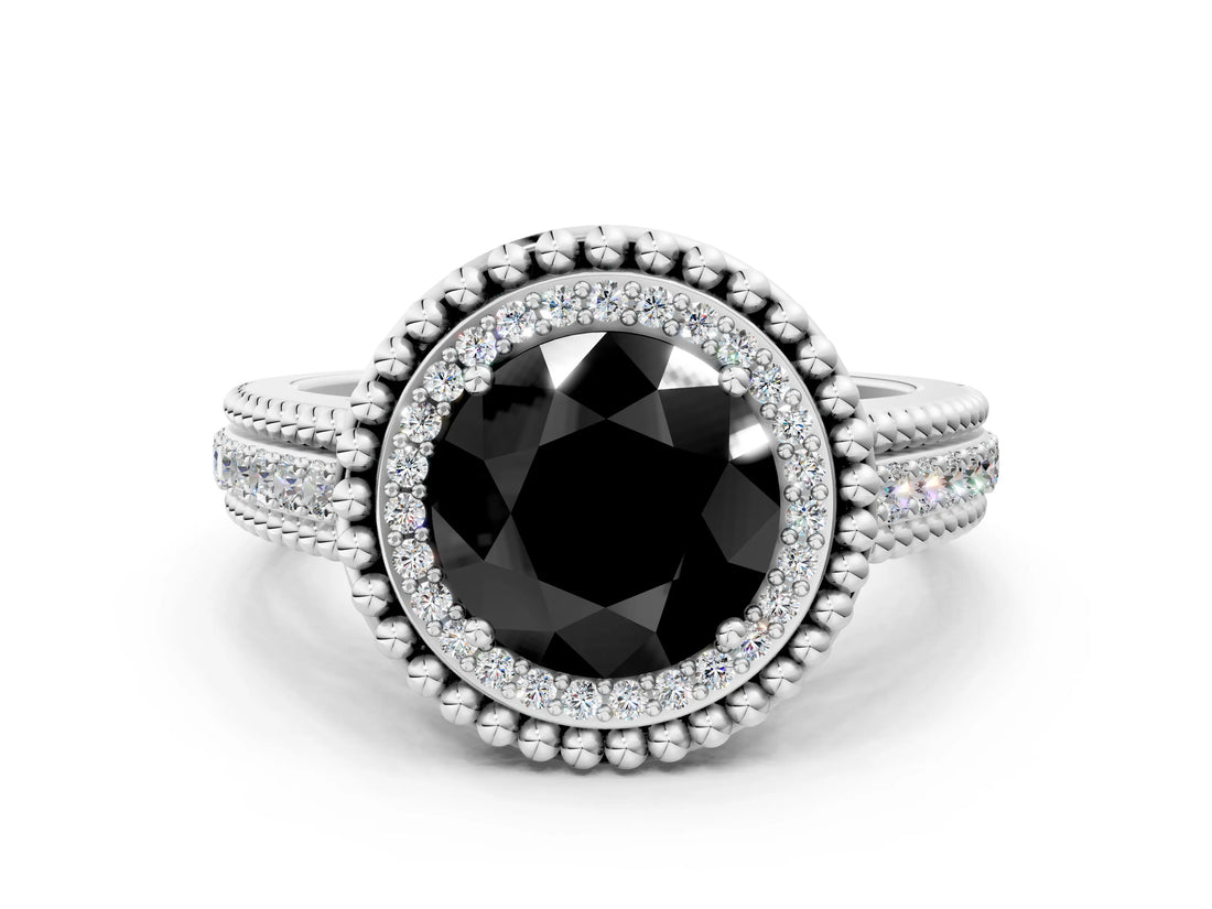 Platinum Fancy Black Round Cut Halo Diamond Ring with Beaded Split Shank and Four-Prong Setting_6