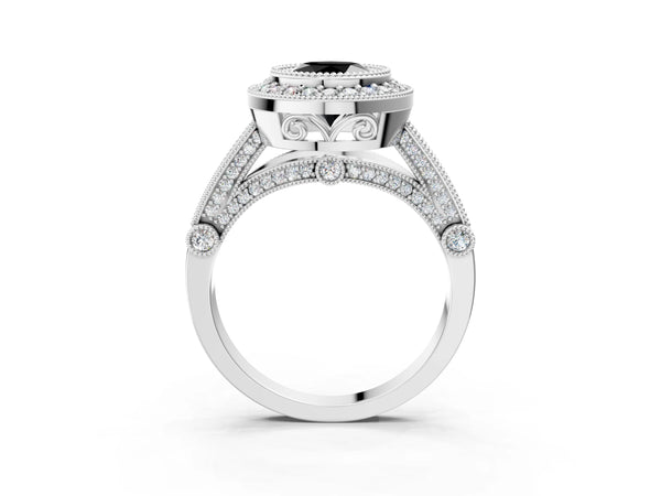 Platinum Round Vintage Bezel Halo Engagement Ring Setting for Black Center