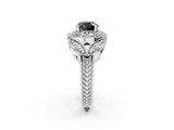 Platinum Fancy Black Round Cut Halo Milgrain Diamond Engagement Ring with Leaf Band and Four-Prong Setting_14