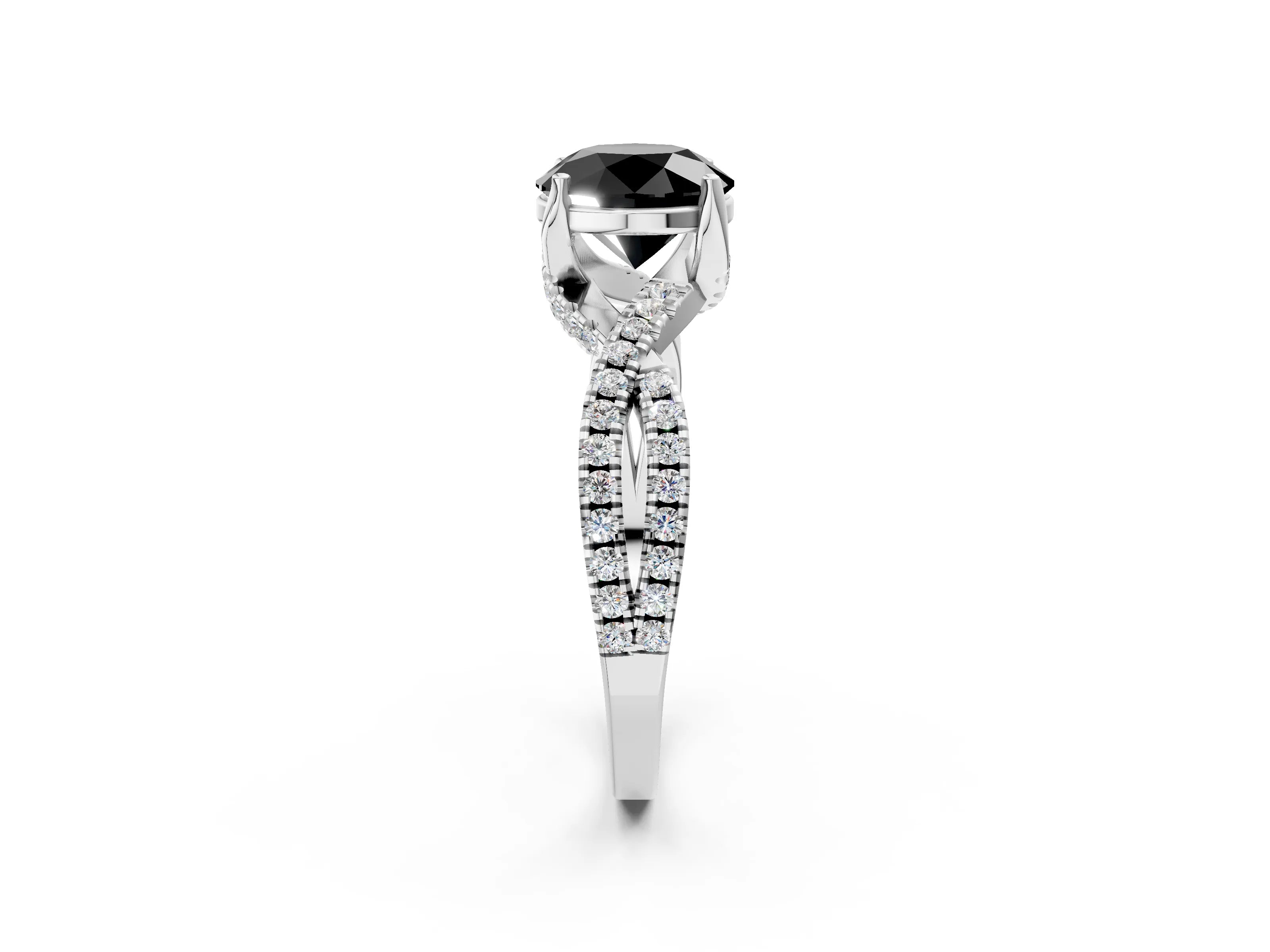 Platinum Fancy Black Round Cut Solitaire Twist Pave Diamond Engagement Ring with Prong Setting_57