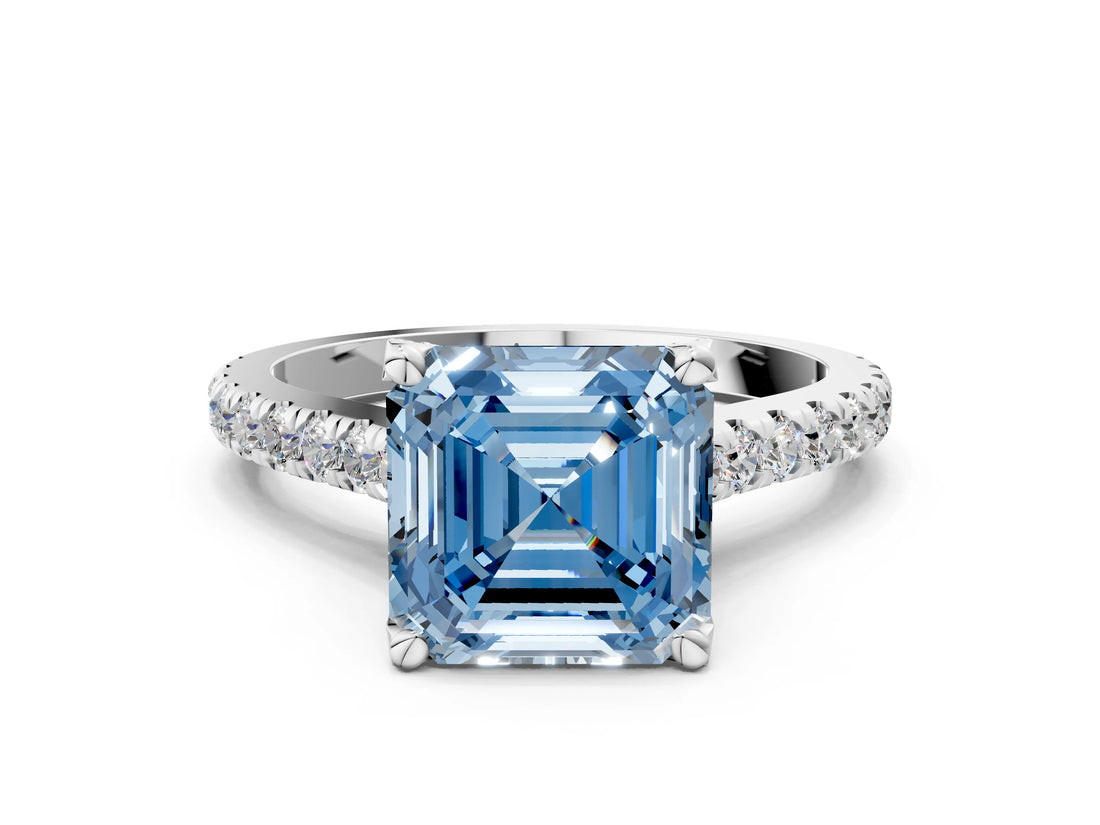 Platinum Fancy Blue Asscher  Brilliant Diamond Solitaire with Pavé Band and Four-Prong Setting 1
