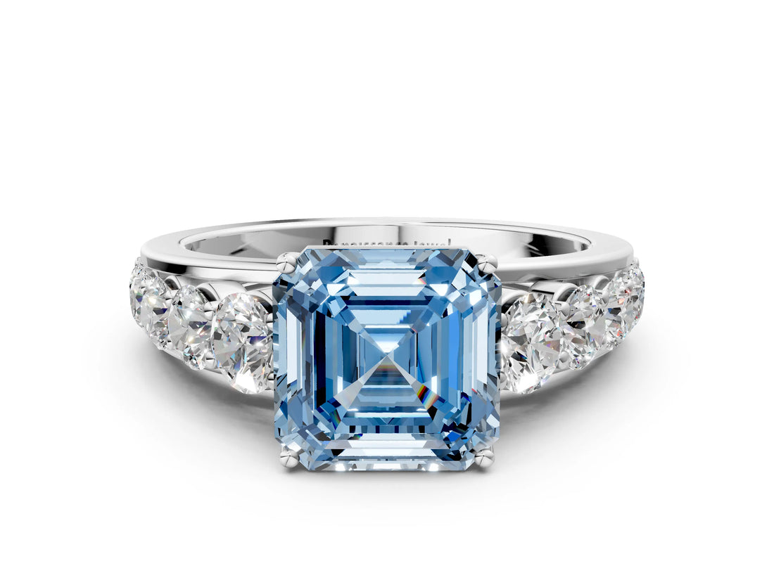 Platinum Fancy Blue Asscher Cut Brilliant Diamond Pavé Band with Six-Prong Setting_24