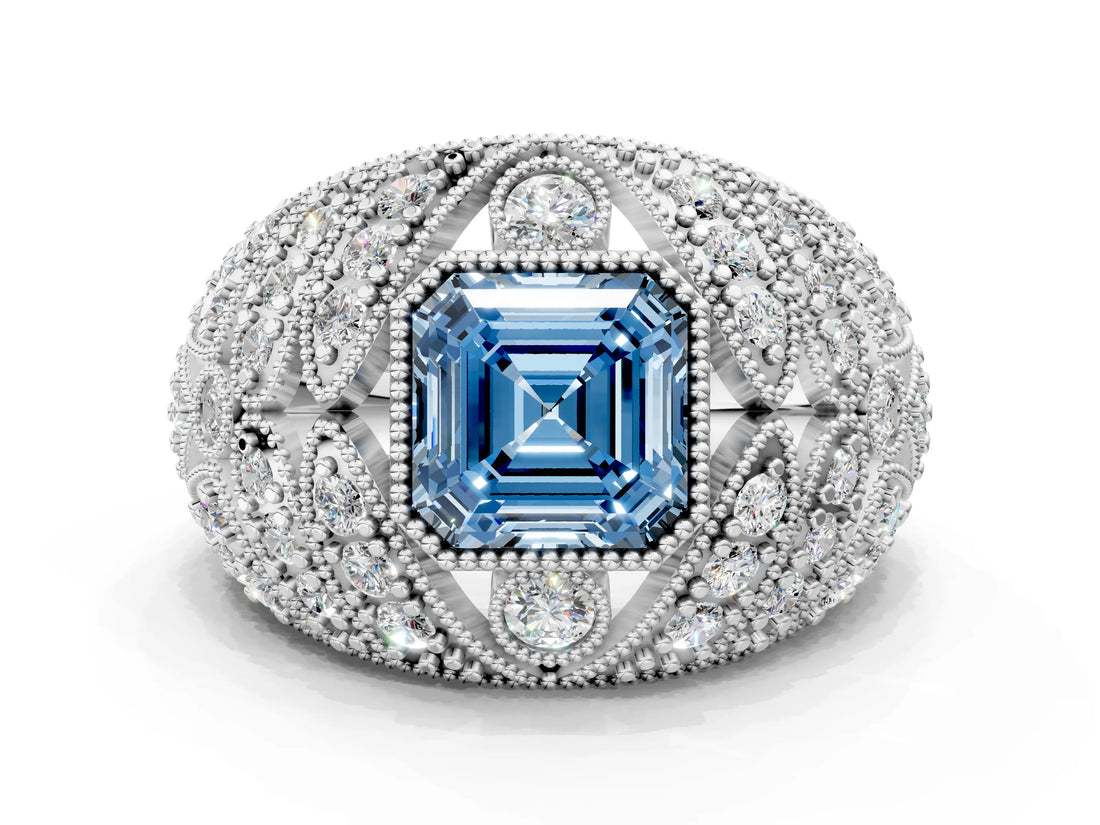 Platinum Fancy Blue Asscher Cut Brilliant Halo Pave Diamond Milgrain Ring_12