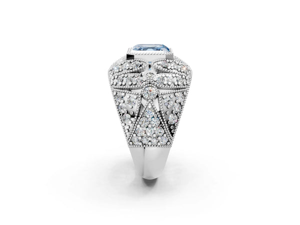 Platinum Fancy Blue Asscher Cut Brilliant Halo Pave Diamond Milgrain Ring