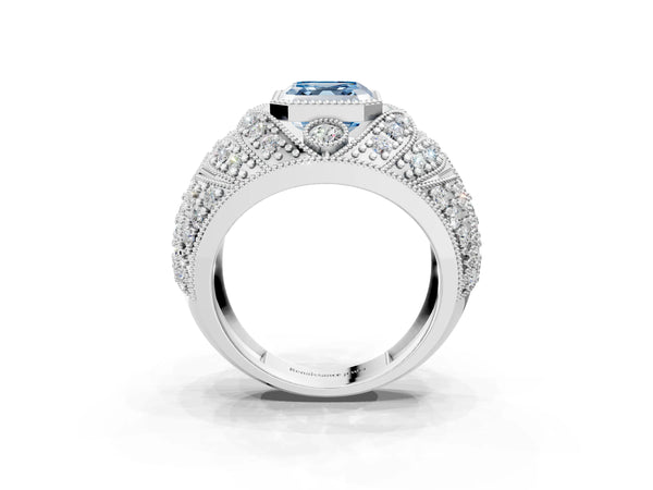 Platinum Fancy Blue Asscher Cut Brilliant Halo Pave Diamond Milgrain Ring