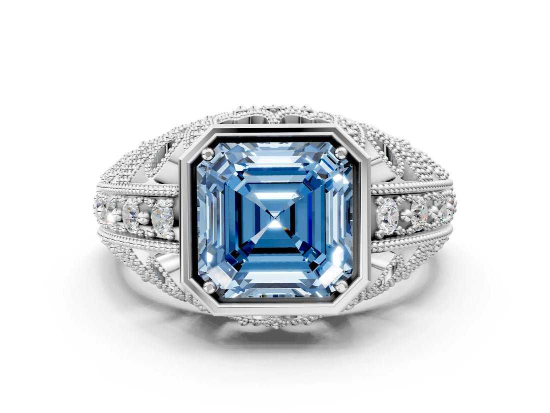 Platinum Fancy Blue Asscher Cut Brilliant Milgrain Filigree Diamond Ring with Square Prong Setting_42