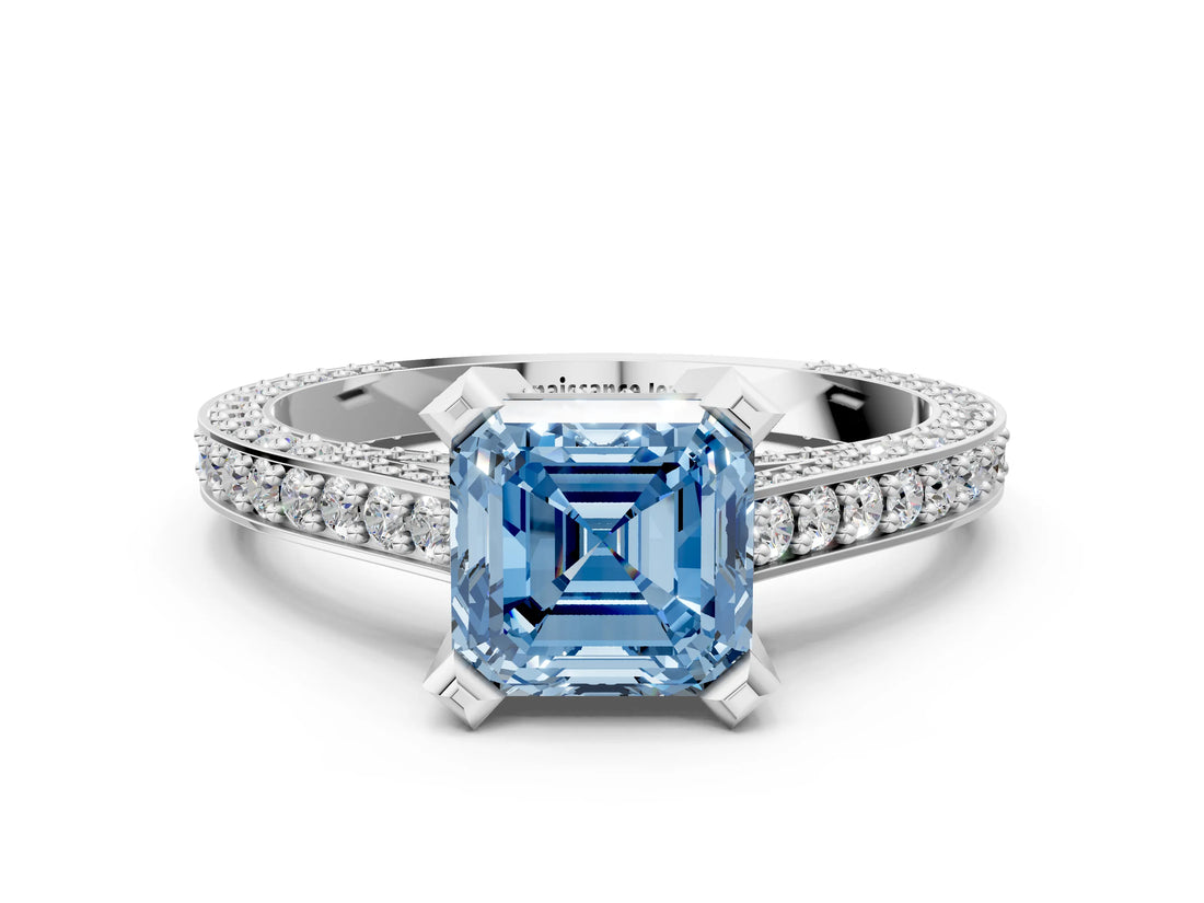 Platinum Fancy Blue Asscher Cut Brilliant Split Shank Pave Solitaire Ring with Four-Prong Setting_12