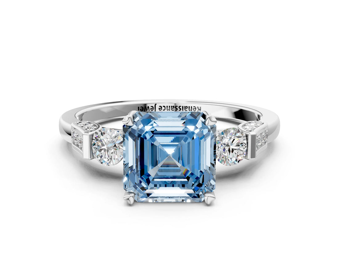Platinum Fancy Blue Asscher Cut Brilliant Three-Stone Pave Band with Four-Prong Setting_6