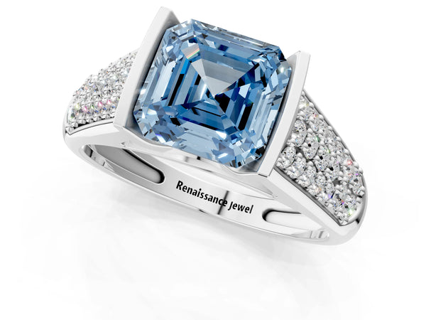 Platinum Fancy Blue Asscher Cut Diamond Channel Set Pave Band with Tension Prong Setting