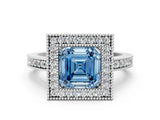 Platinum Fancy Blue Asscher Cut-Cut Diamond Halo Engagement Ring with Pave Band and Prong Setting_6