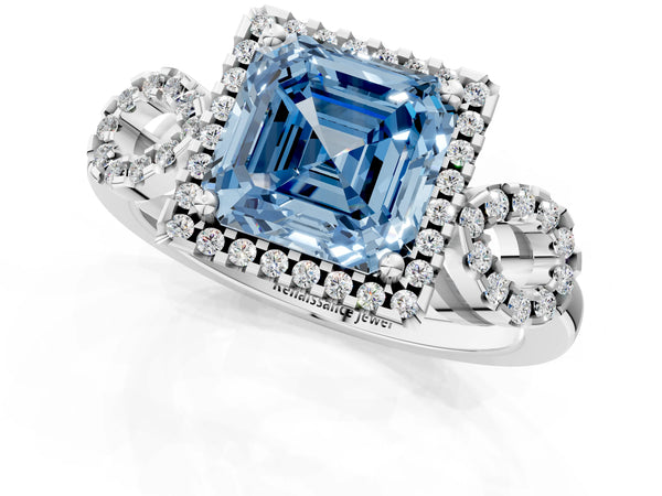 Platinum Asscher Cut Pave Infinity Halo Engagement Ring Setting for Fancy Blue Center
