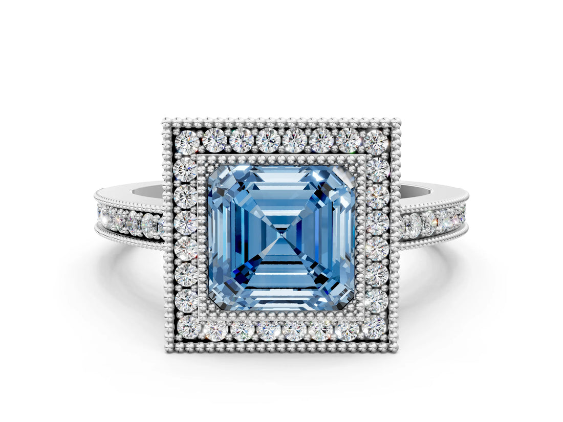 Platinum Fancy Blue Asscher Cut Cut Halo Pavé Diamond Ring_12
