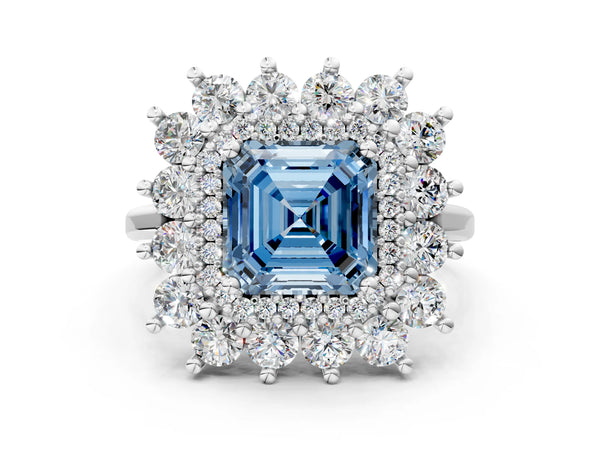 Platinum Asscher Cut Floral Double Halo Engagement Ring Setting for Fancy Blue Center