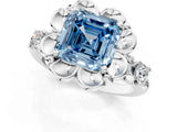 Platinum Fancy Blue Asscher  Cut Diamond Floral Halo Engagement Ring with Shared Prong Setting 1