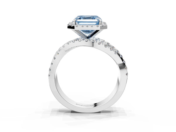 Platinum Asscher Cut Halo Twist Engagement Ring Setting for Fancy Blue Center