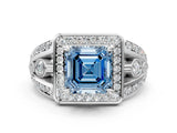 Platinum Fancy Blue Asscher Cut Diamond Halo Ring with Split Shank and Bezel Accents and Four-Prong Setting_6