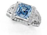 Platinum Fancy Blue Asscher Cut Diamond Halo Ring with Split Shank and Bezel Accents and Four-Prong Setting_7