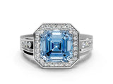 Platinum Fancy Blue Asscher Cut Diamond Halo Ring with Split Shank and Bezel Accents and Prong Setting_12