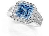 Platinum Fancy Blue Asscher Cut Diamond Halo Ring with Split Shank and Bezel Accents and Prong Setting_13