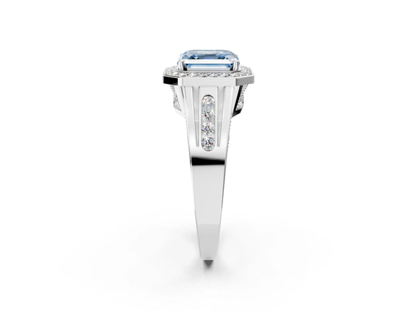 Platinum Fancy Blue Asscher Cut Diamond Halo Ring with Split Shank and Bezel Accents and Prong Setting