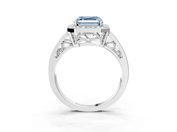 Platinum Fancy Blue Asscher Cut Diamond Halo Ring with Split Shank and Bezel Accents and Prong Setting