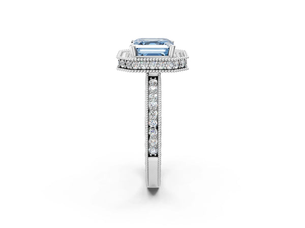 Platinum Asscher Cut Milgrain Hidden Halo Engagement Ring Setting for Fancy Blue Center
