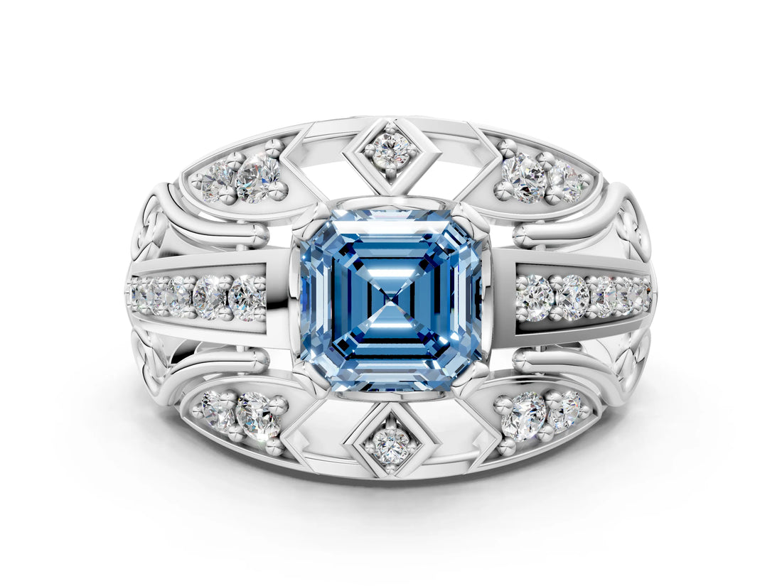 Platinum Fancy Blue Asscher Cut Diamond Pave Art Deco Split Shank Ring with Four-Prong Setting_12