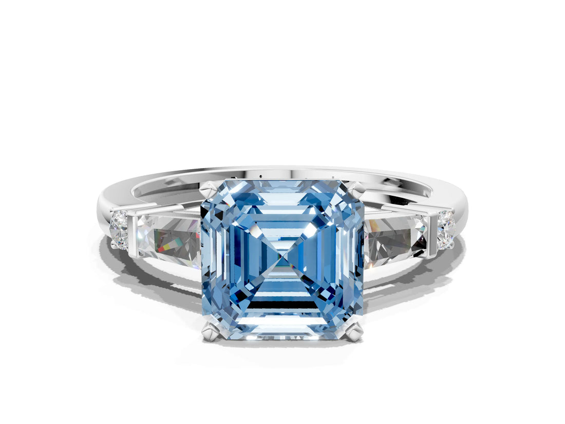 Platinum Fancy Blue Asscher  Cut Diamond Ring with Baguette Side Stones, Channel Set Band, and Four-Prong Setting_36