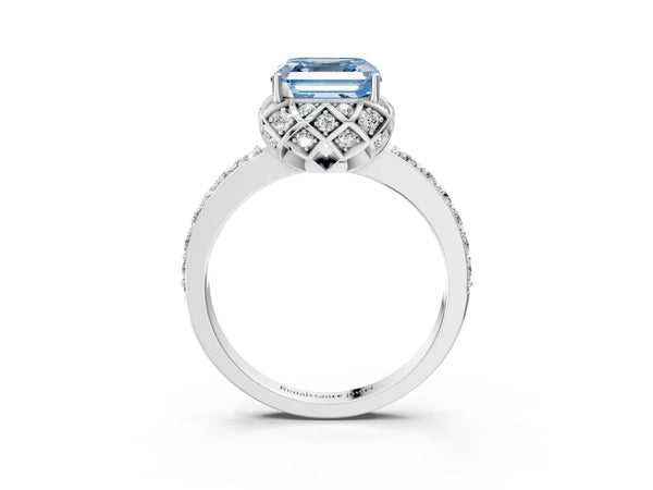 Platinum Fancy Blue Asscher Cut Diamond Scalloped Halo Engagement Ring with Round Shared Prong Band