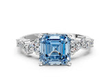 Platinum Fancy Blue Asscher Cut Diamond Scattered Round Accent Ring with Prong Setting_6