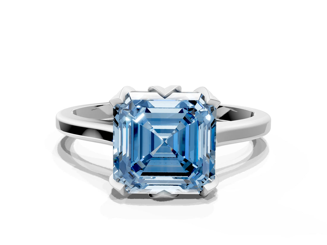 Platinum Fancy Blue Asscher Cut Diamond Solitaire Ring with Flower Prong Setting and Classic Band_12