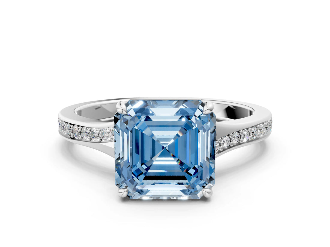 Platinum Fancy Blue Asscher Cut Diamond Solitaire Ring with Pavé Band and Prong Setting_12