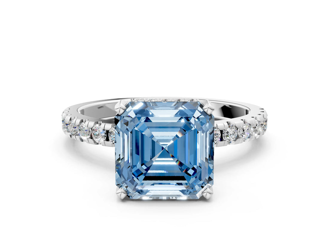 Platinum Fancy Blue Asscher Cut Diamond Solitaire Ring with Round  Pavé Band and Four-Prong Setting_42