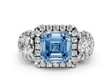Platinum Fancy Blue Asscher Cut Diamond Three-Stone Halo Ring with Prong Setting and Pavé Accents_12
