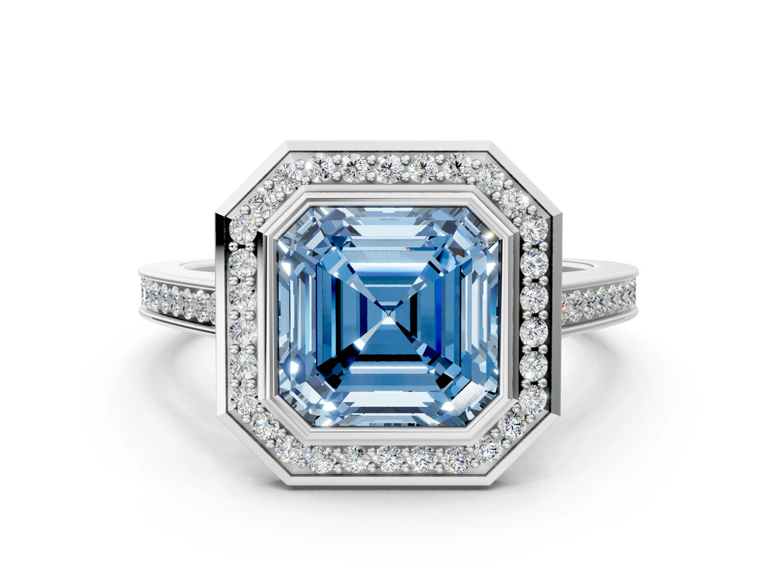 Platinum Fancy Blue Asscher Cut Halo Bezel Diamond Pave Band Ring_6
