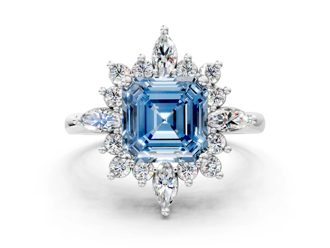 Platinum Fancy Blue Asscher Cut Halo Diamond Cluster Ring with Marquise and Round Stones on a White Gold Band with Prong Setting